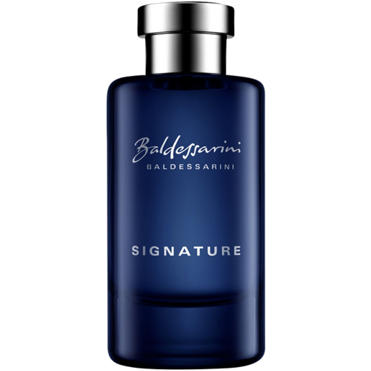 Flacone blu con tappo argentato. Scritta Signature. Scritta Eau de Toilette.