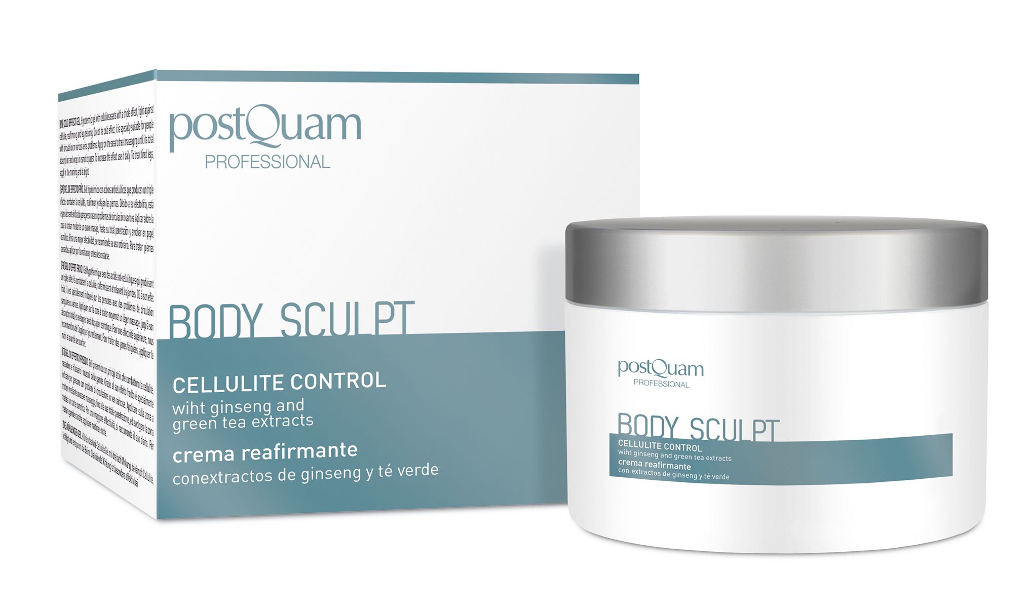 Vaso e scatola di crema. Scritta: Body Sculpt, Cellulite Control. Con estratti di ginseng e tè verde. Marchio: postQuam.