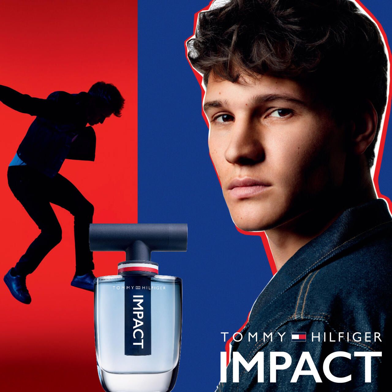 Pubblicità con uomo e flacone. Flacone con contenuto blu e tappo nero. Scritta IMPACT e Tommy Hilfiger.