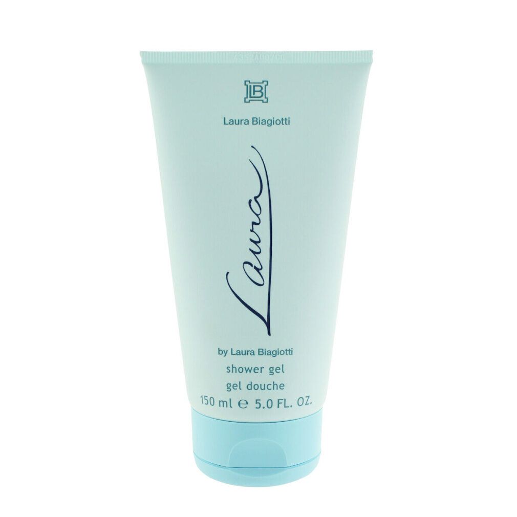 Gel doccia azzurro chiaro in tubo. Scritta "Laura Biagiotti" e "shower gel".