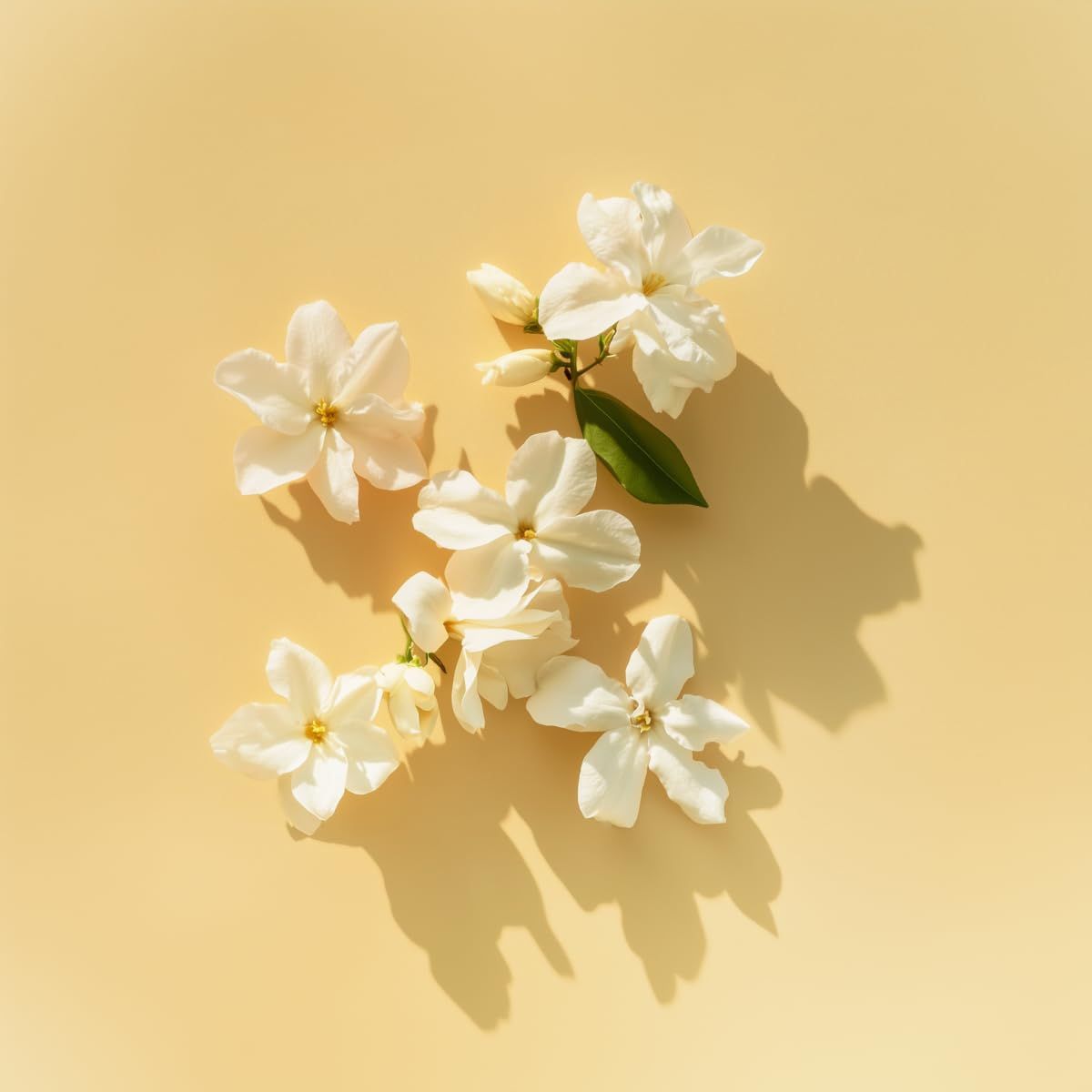 Primo piano di fiori di gelsomino bianchi su sfondo giallo. Ombre.