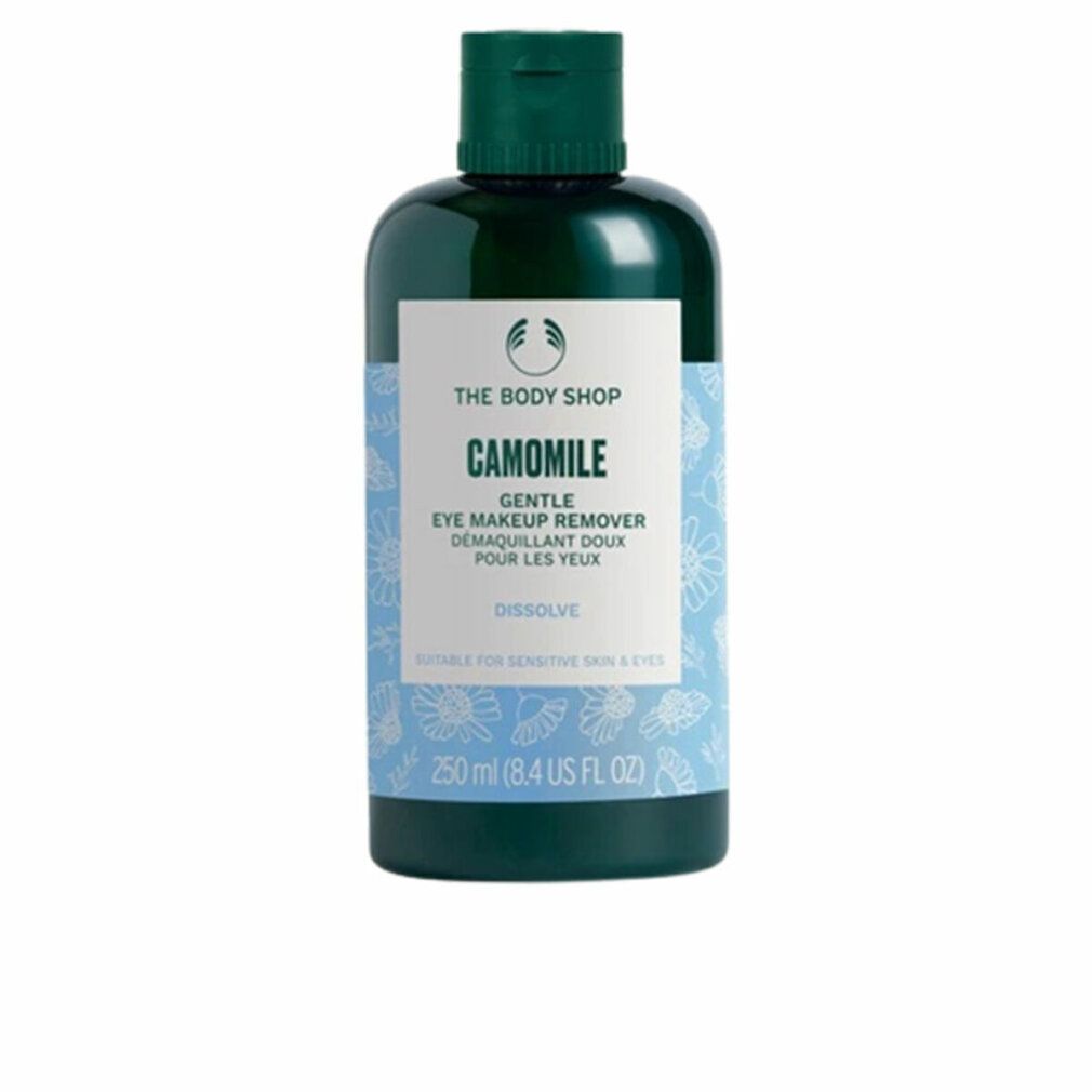 Flacone verde con etichetta bianca. Scritta: CAMOMILE Gentle Eye Make-Up Remover. 250 ml. Adatto alla pelle sensibile.