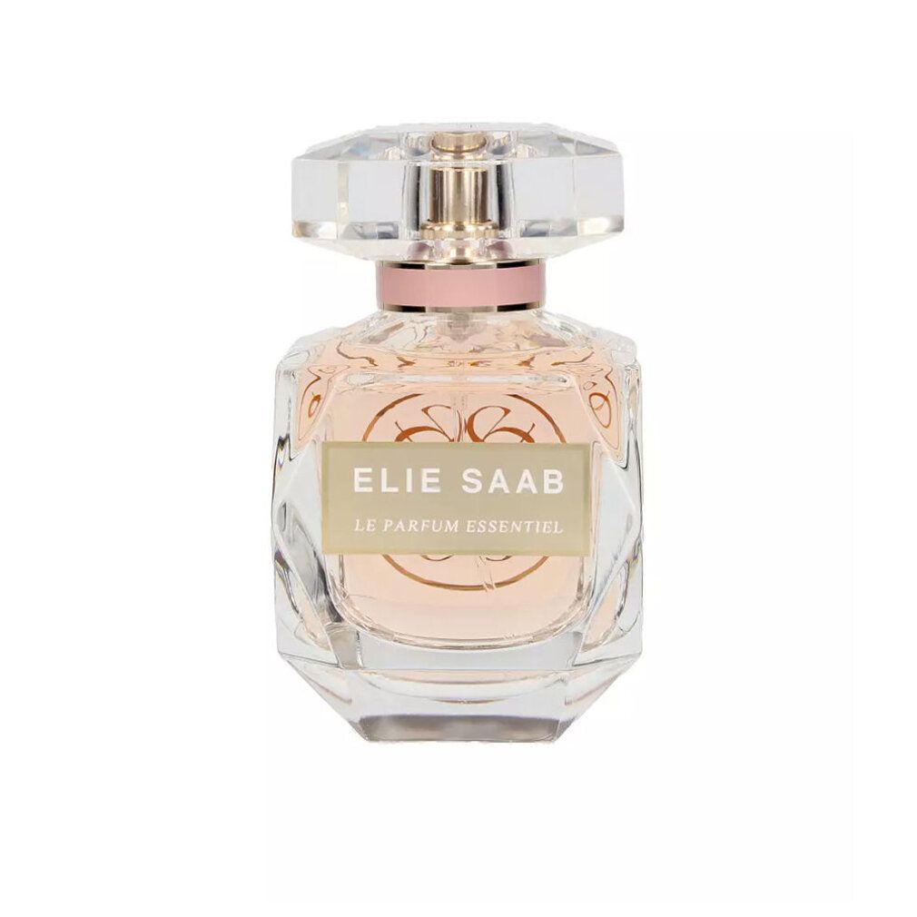 Flacone di profumo con liquido rosa. Scritta: ELIE SAAB LE PARFUM ESSENTIEL. Tappo trasparente.