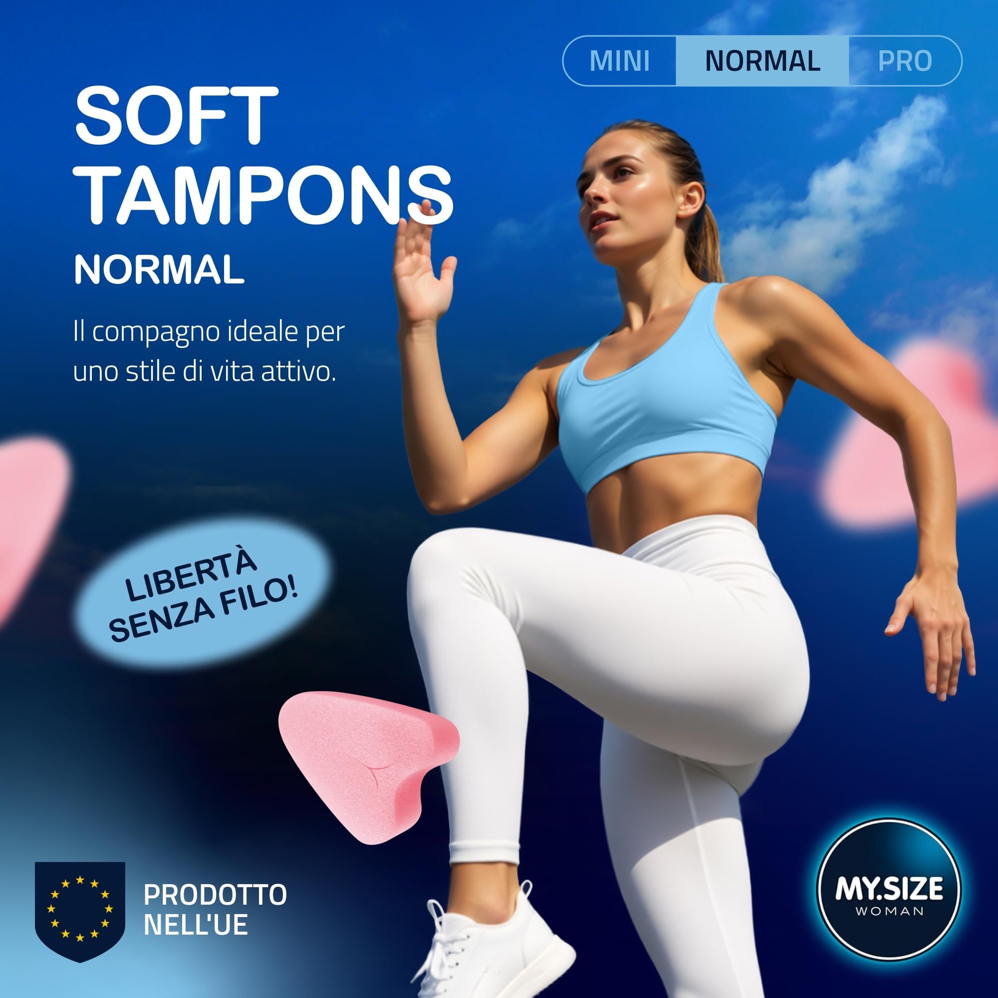 Donna che fa sport, MY.SIZE Woman Soft Tamponi Normal. Forma di tampone rosa. Prodotto UE.