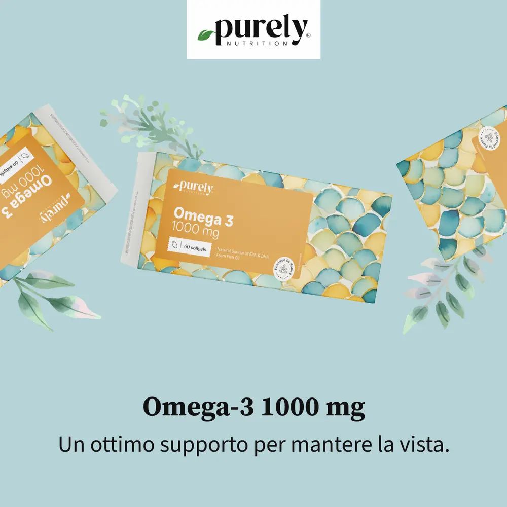 Tre confezioni Omega-3 1000 mg. Testo: Ottimo supporto per mantenere la vista.