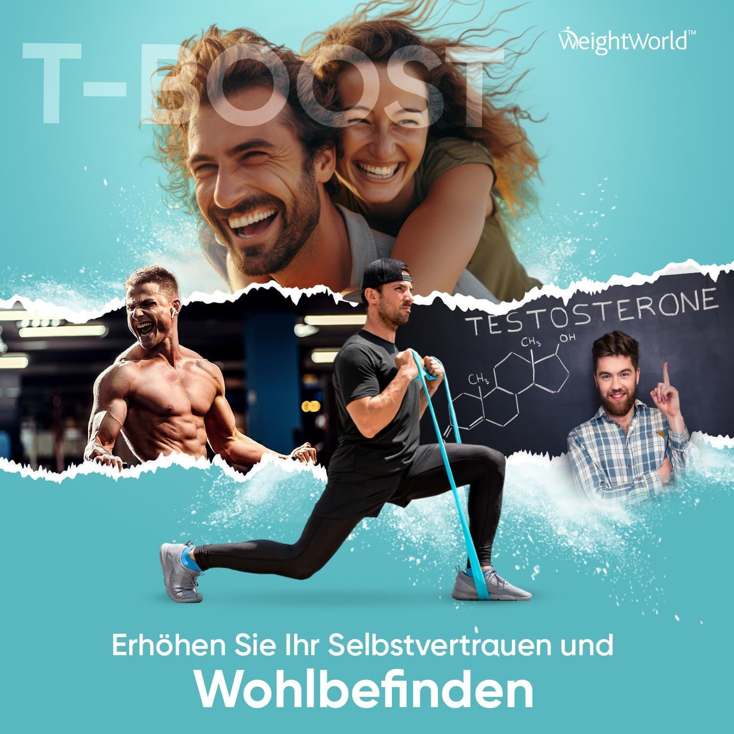 Collage di persone che sorridono e fanno sport. Testo: Aumenta la tua fiducia e il tuo benessere.