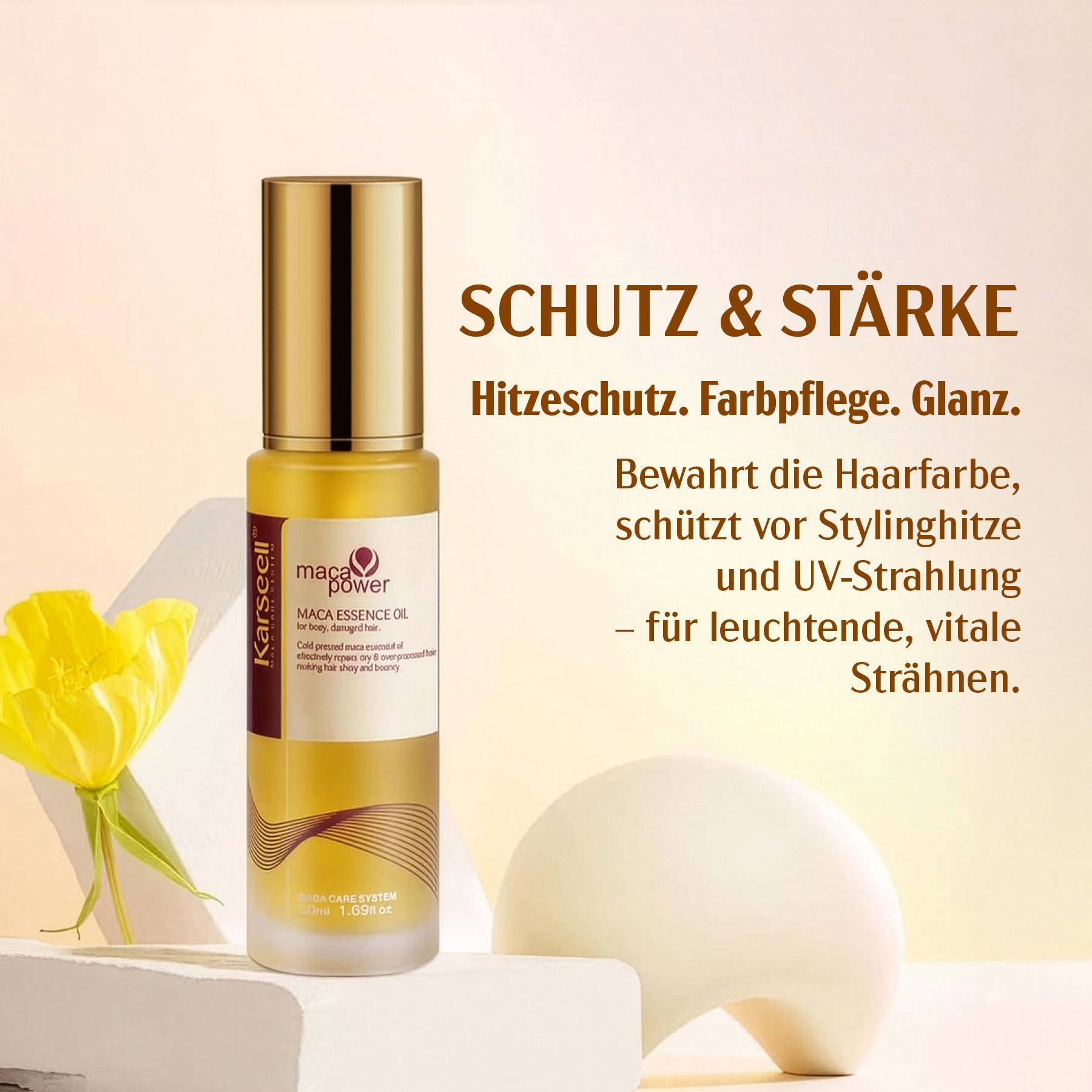 Olio per capelli Karseell. Bottiglia su piedistallo bianco. Testo: Protezione & Forza. Protezione termica, cura del colore, lucentezza.