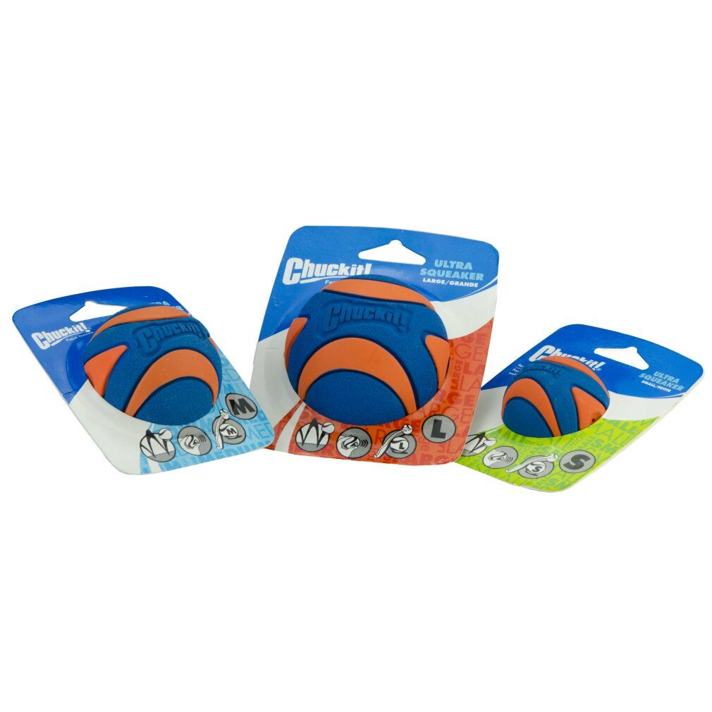 Tre palline in blister. Taglie: M, L, S. Colori: blu e arancione. Scritta: Chuckit! Ultra Squeaker.