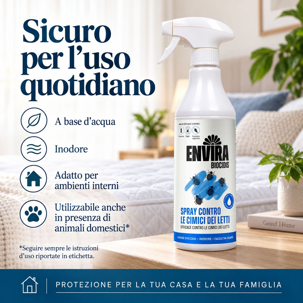 Flacone spray 'ENVIRA BIOCIDIS'. Testo: 'Sicuro per l'uso quotidiano'. Icone: foglia, onde, casa, zampa.