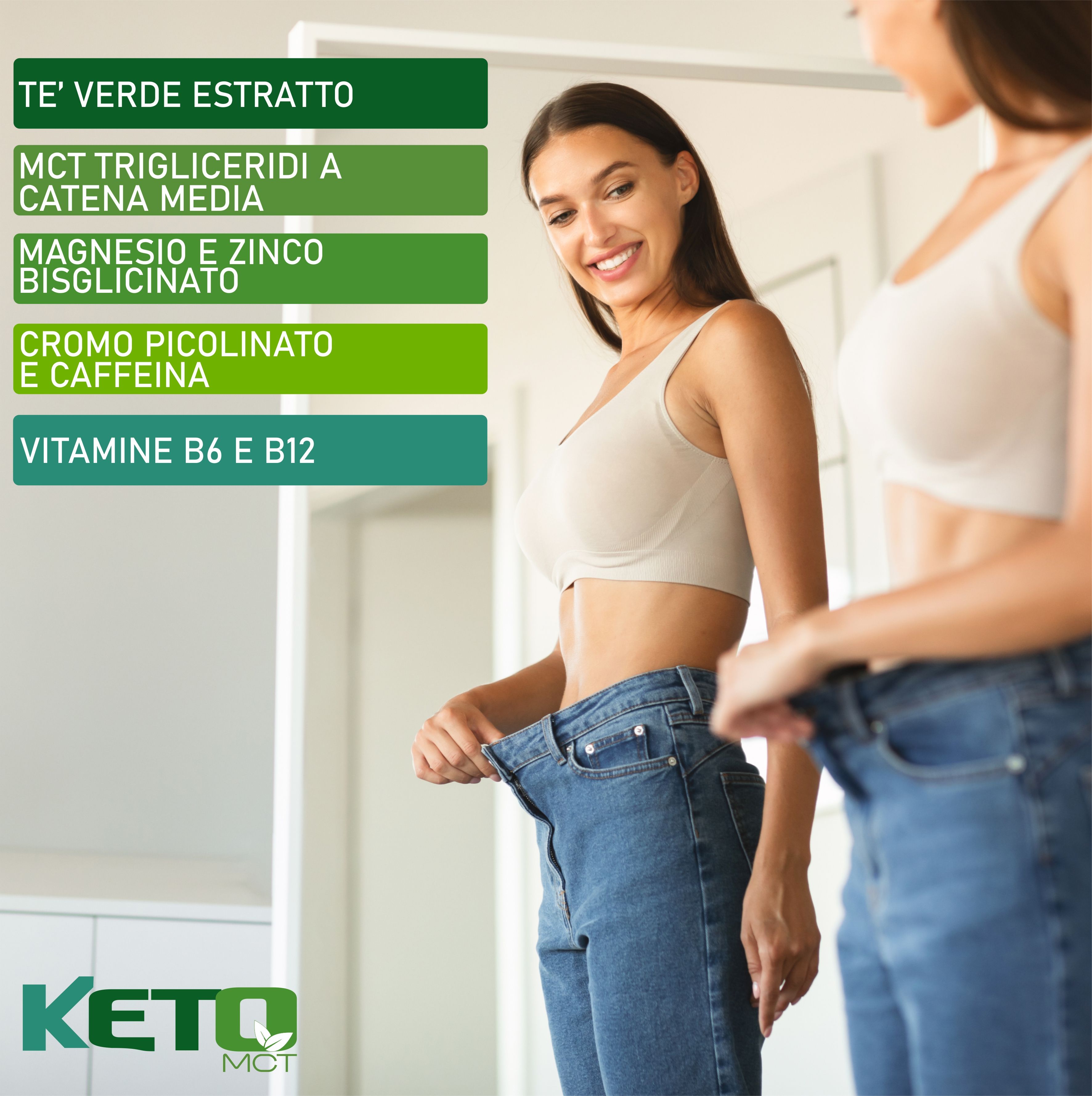 Donna davanti allo specchio, jeans. Testo: ingredienti, Keto MCT.