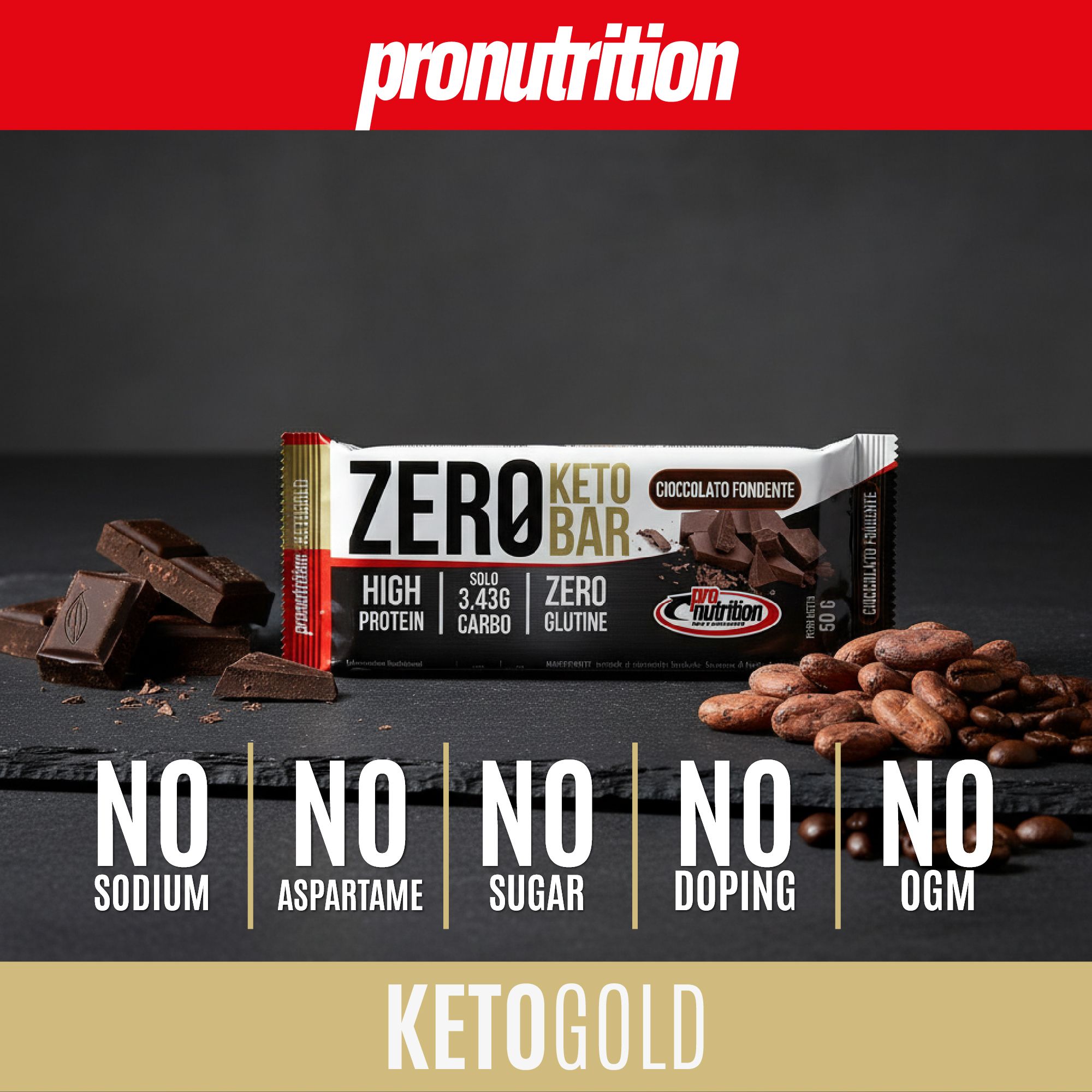 Barretta proteica con pezzi di cioccolato e fave di cacao. Scritta: Zero Keto Bar, High Protein, 3,43g Carbo, Zero Glutine.