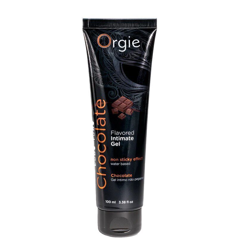 Tubo nero con nome del prodotto e immagine cioccolato. Marchio: Orgie. Testo: Chocolate, Flavored Intimate Gel.