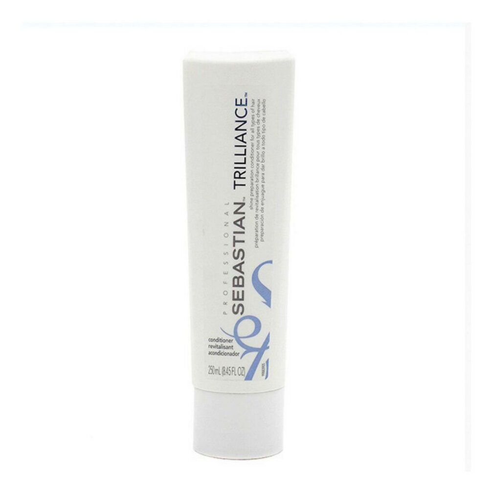 Tubo bianco con testo blu: Sebastian Professional Trilliance. Tappo grigio. Scritta: Conditioner.