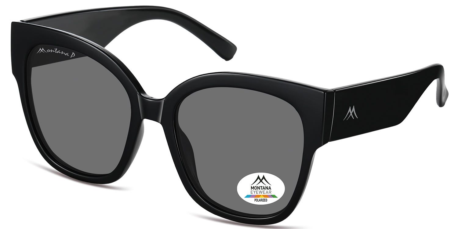 Occhiali da sole neri, vista laterale. Logo Montana Eyewear sulla stanghetta e sulla lente. Lenti polarizzate.