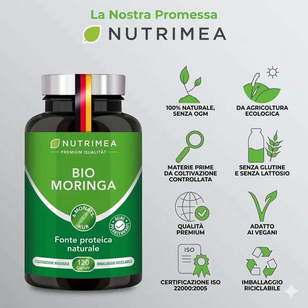 Bottiglia di capsule Nutrimea Bio Moringa. Scritta: 120 capsule, cura di 4 mesi. Simboli: naturale, vegano, riciclabile.