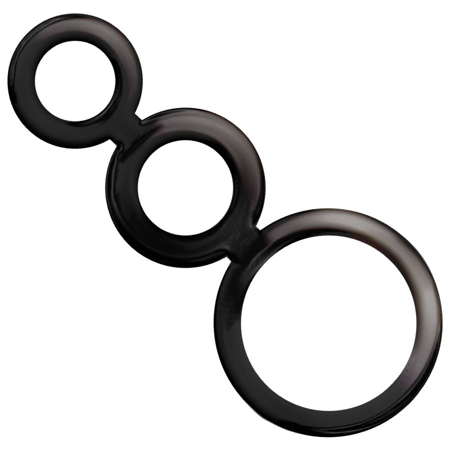Tre anelli neri collegati. Un anello piccolo, uno medio e uno grande. Superficie lucida. Su sfondo bianco.
