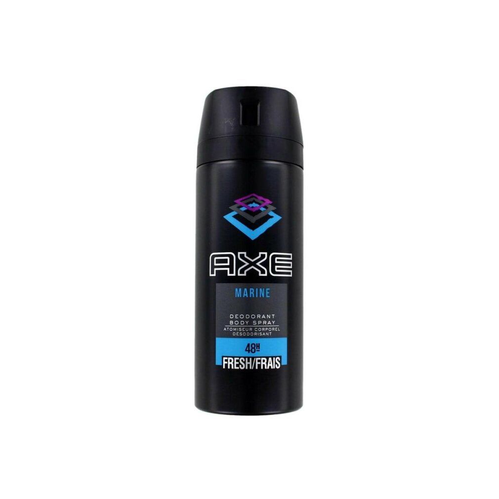 Axe Marine Deodorant Spray. Bomboletta spray nera con logo blu e rosa. Testo: Marine, Deodorant, 48h Fresh/Frais.