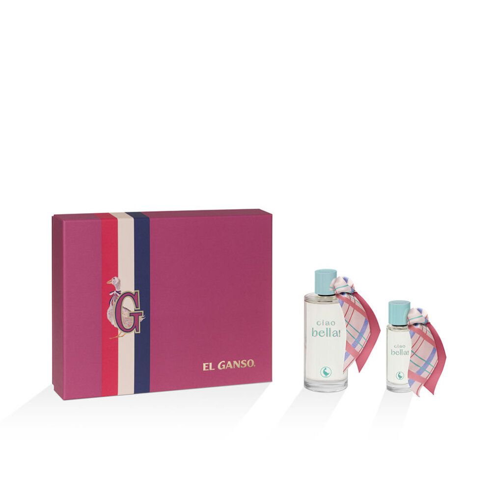 Set regalo rosa con due flaconi e sciarpe. Scritta "Ciao Bella" e "El Ganso".