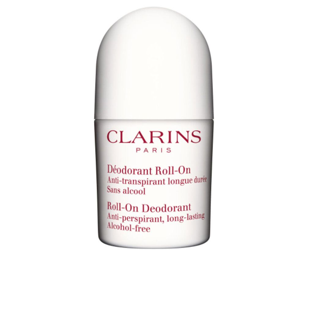 Deodorante roll-on bianco Clarins. Testo rosso. Scritta: Anti-transpirant longue durée, sans alcool. Roll-On Deodorant, Alcohol-free.
