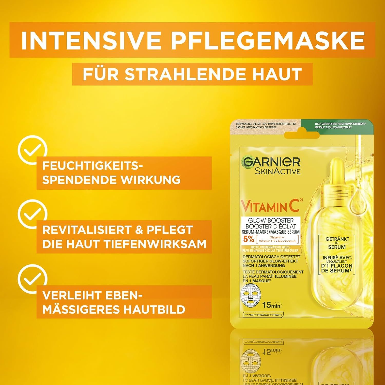Maschera Booster di Luminosità Garnier SkinActive Vitamina C. Confezione gialla con fiala di siero. Testo: 'Maschera intensiva'.