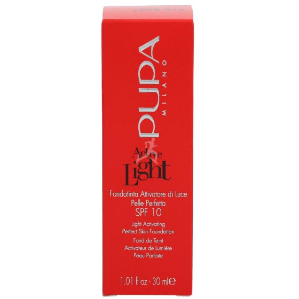 Confezione rossa con scritta PUPA MILANO Active Light SPF 10. Testo in italiano, inglese e francese.