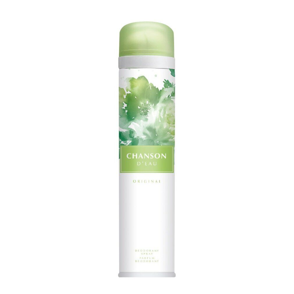 Bomboletta spray deodorante. Bianca, verde e con stampa floreale. Scritta: CHANSON D'EAU. Original. Deodorante, profumo, deodorante.