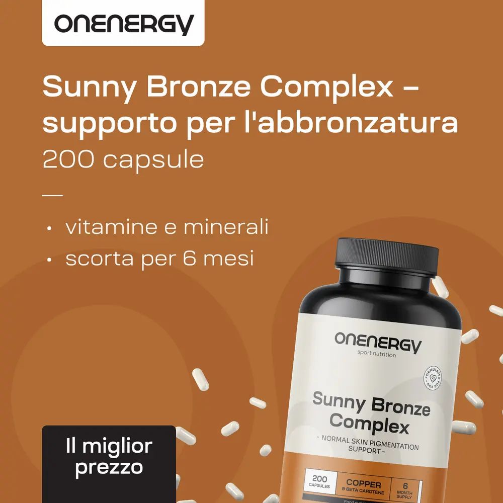 Tre barattoli OnEnergy Sunny Bronze Complex su sfondo marrone.