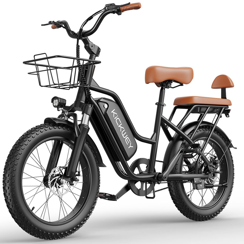 E-bike nera con sella marrone e cestino. Batteria con logo KICKWEY. Primo piano.