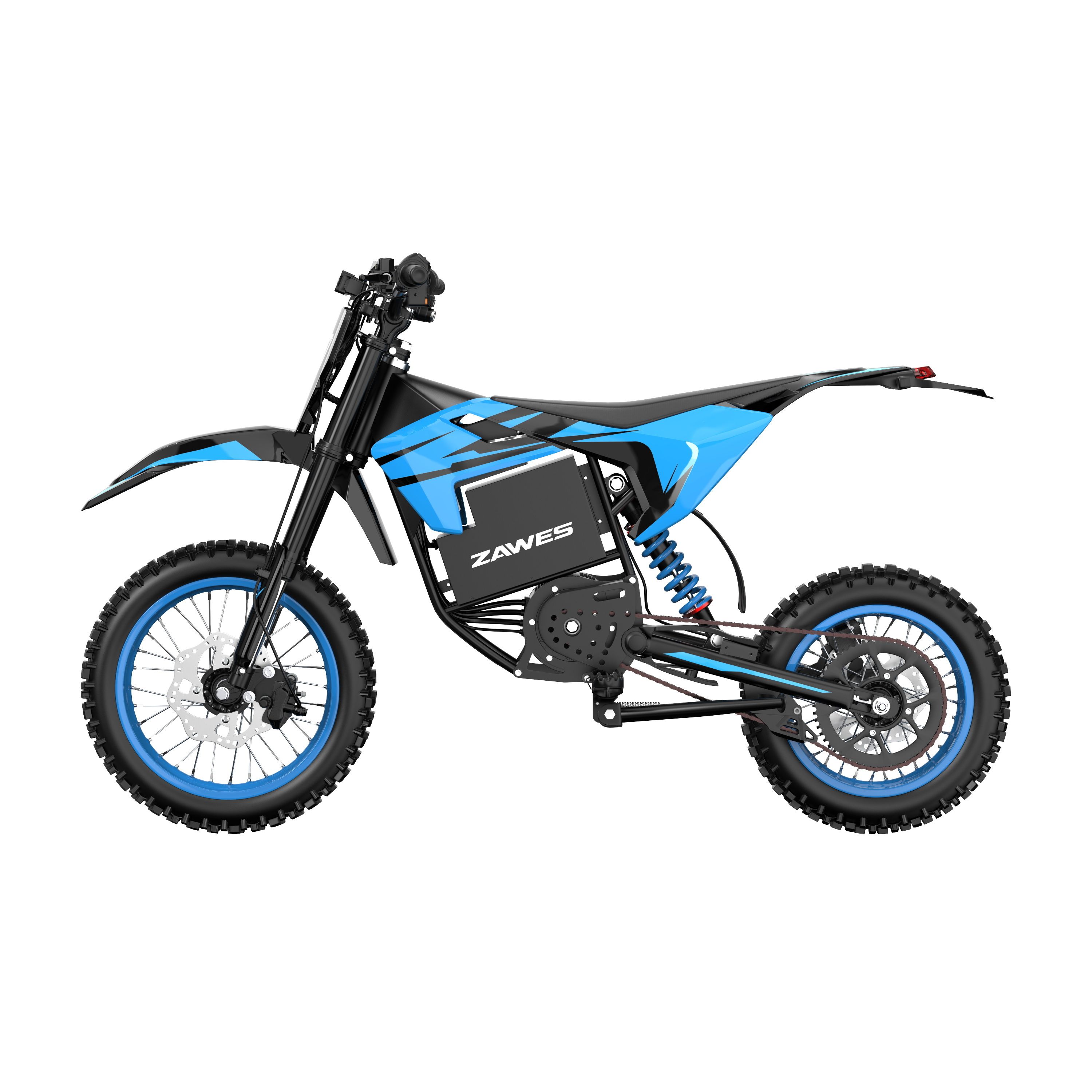 Moto cross elettrica nera e blu. Cerchi blu, pneumatici neri. Marchio "ZAWES" visibile.