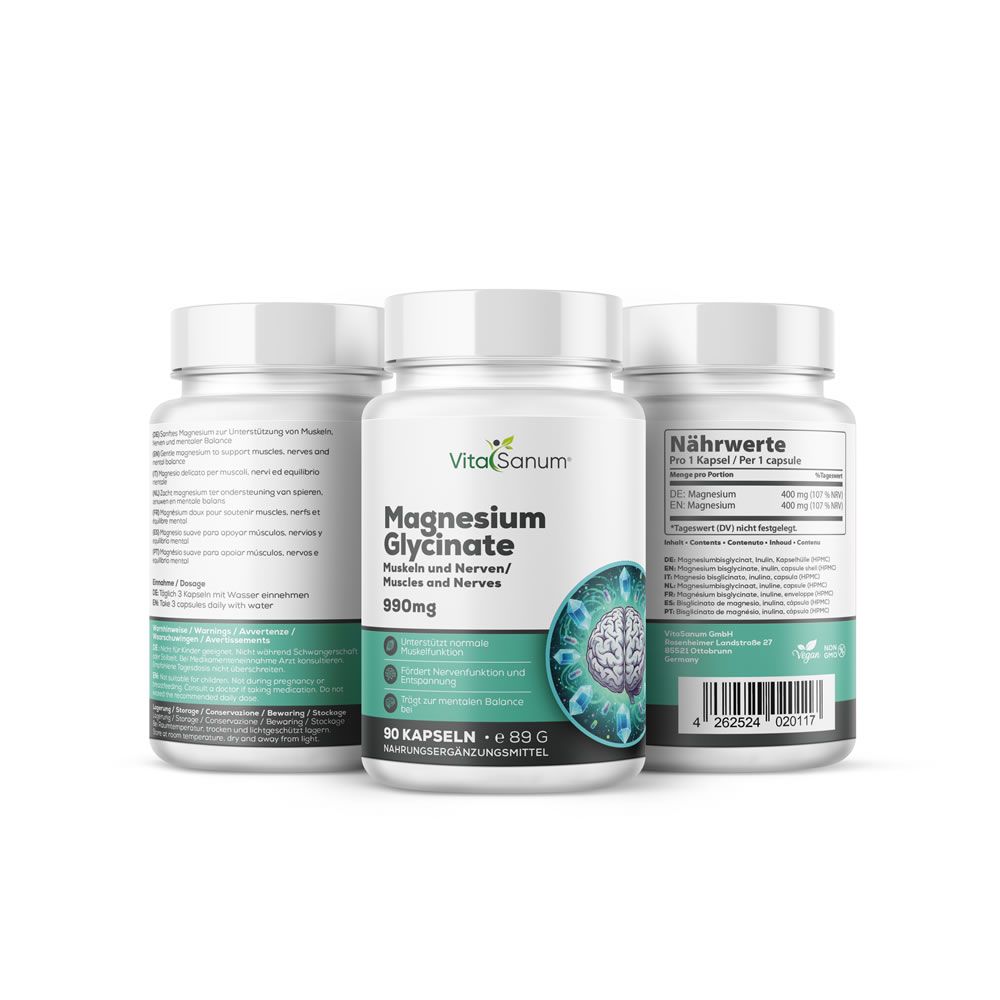 Tre flaconi di VitaSanum Magnesium Glycinate, integratore alimentare da 90 capsule.