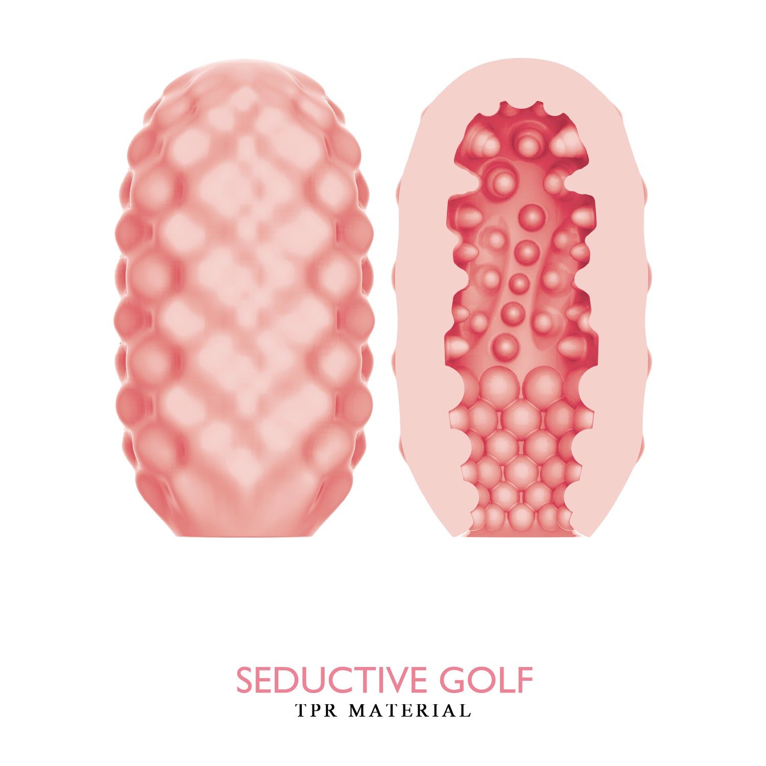 Masturbatore rosa con superficie strutturata. Aperto, mostra la struttura interna. Scritta: Seductive Golf, TPR Material.
