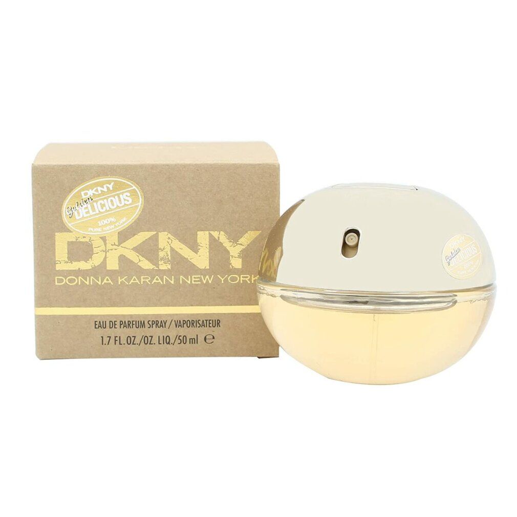 Flacone dorato a forma di mela e confezione marrone con logo DKNY.