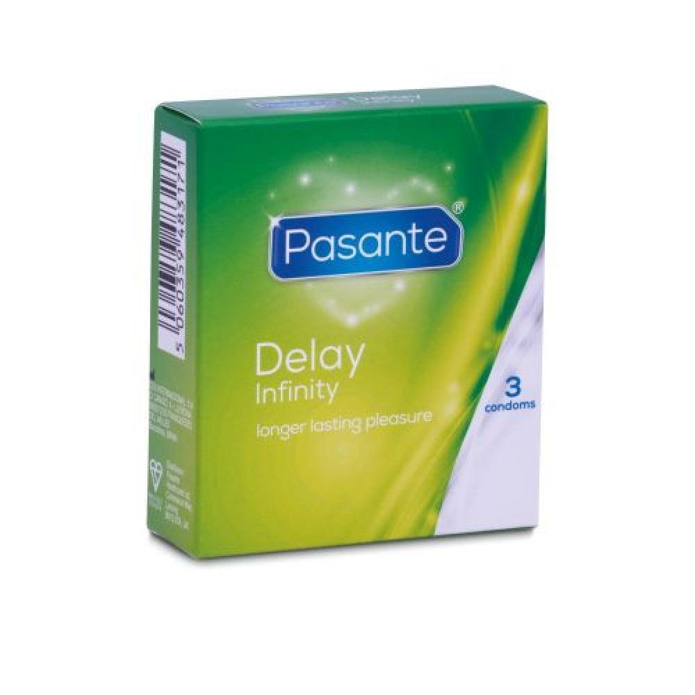 Scatola verde Pasante Delay Infinity, contiene 3 preservativi. Scritta: longer lasting pleasure.
