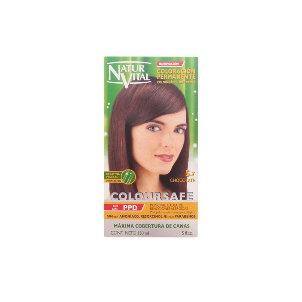 Confezione di Naturaleza y Vida Coloursafe Permanent 5.7 Chocolate. Scritte: Permanent Hair Colour, 5.7 Chocolate, Colour Safe, senza PPD, massima copertura dei capelli grigi.