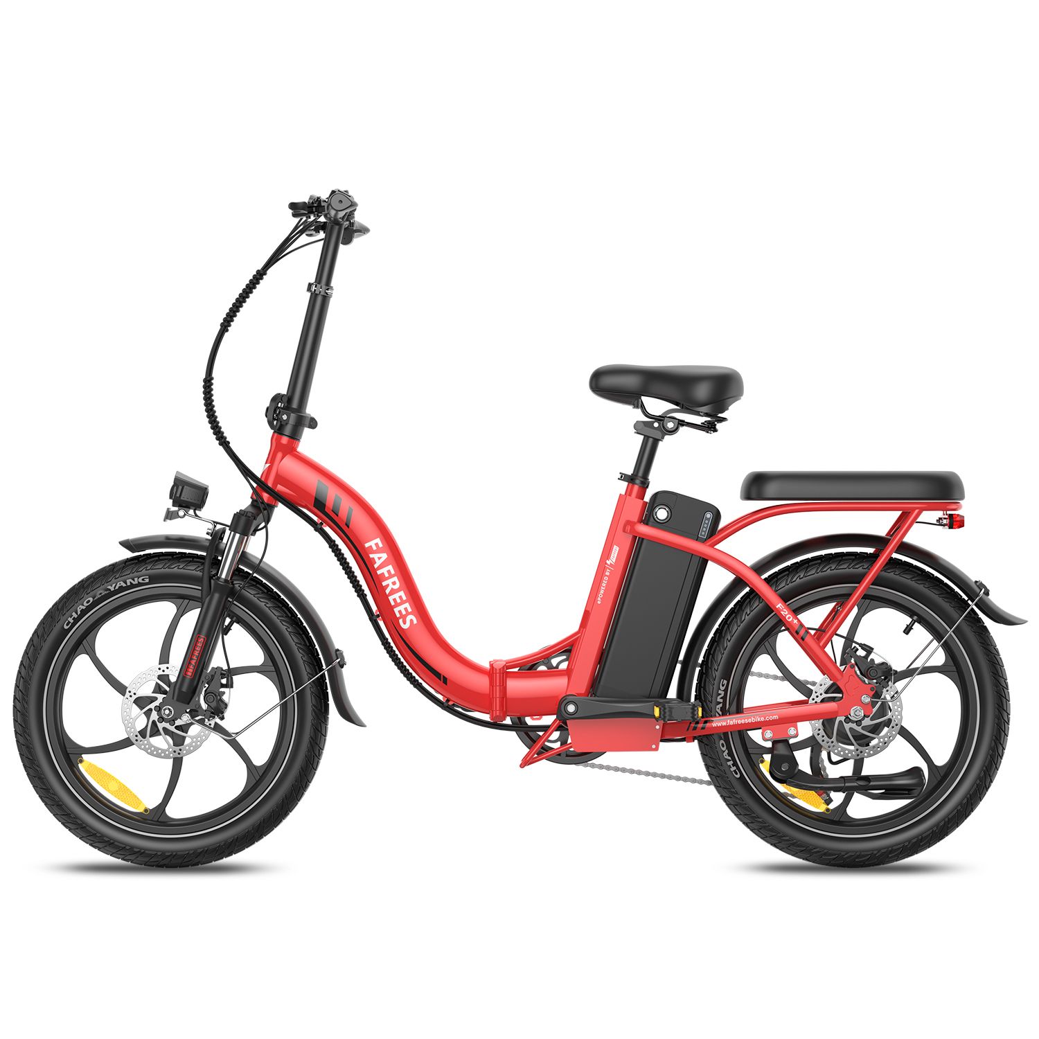 E-bike pieghevole Fafrees F20+ rossa. Pneumatici, sella e batteria neri. Marchio visibile.