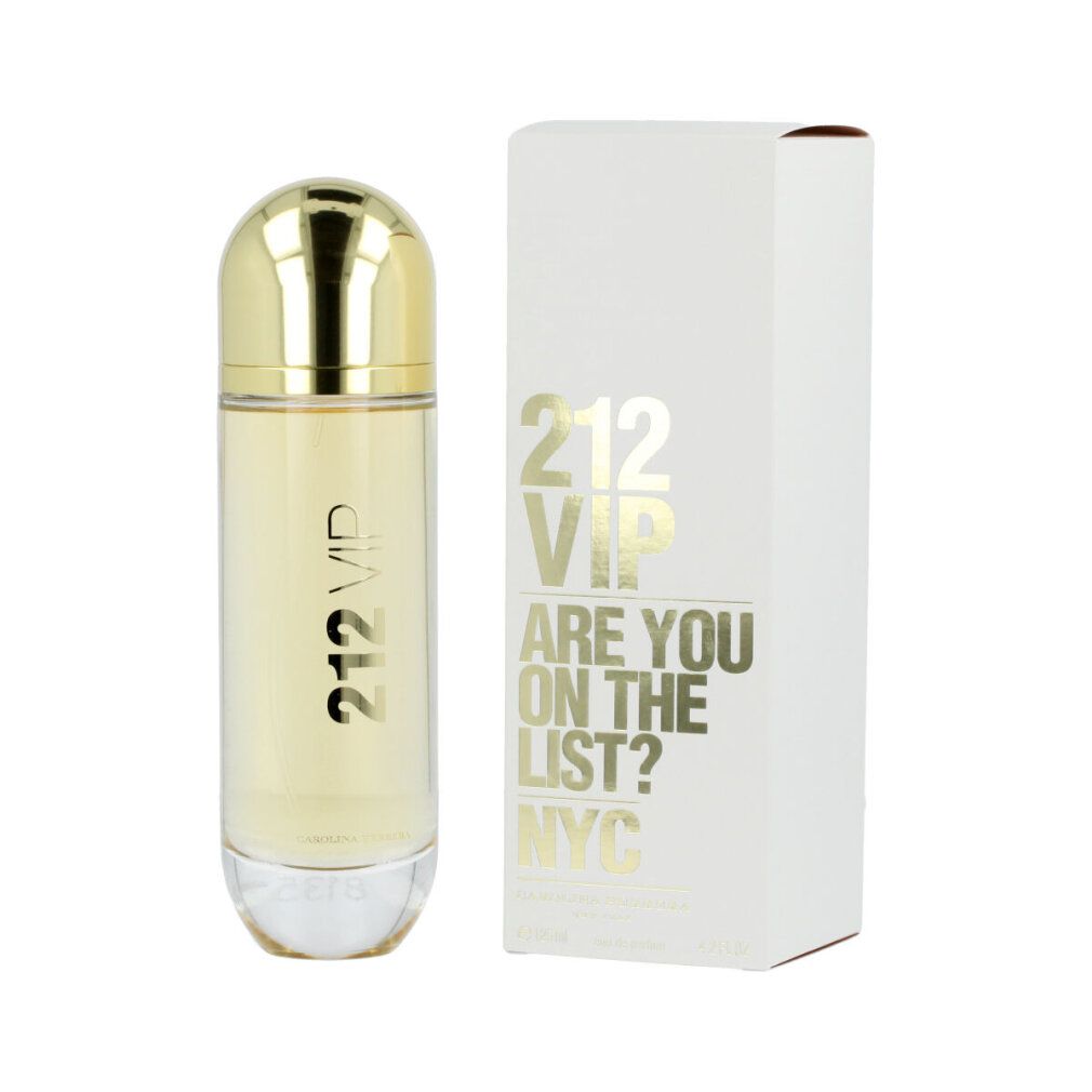 Flacone di profumo e confezione. Flacone cilindrico, tappo dorato. Confezione bianca con scritta dorata: 212 VIP.
