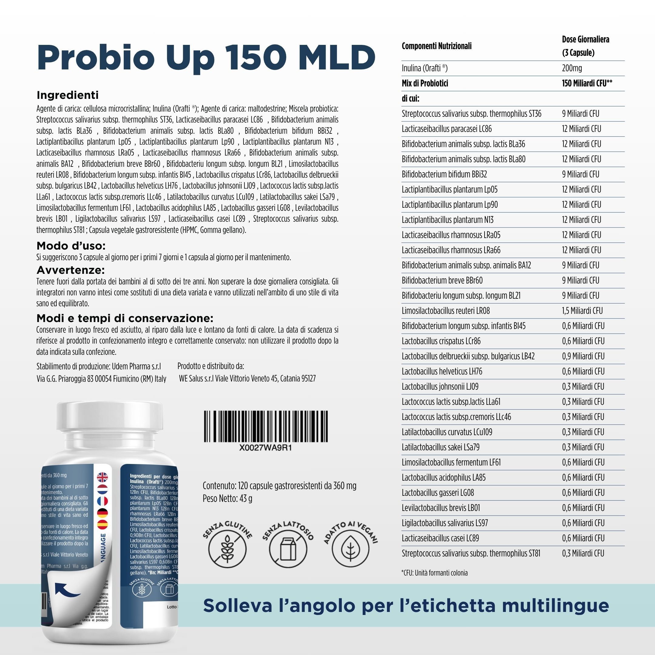 Flacone di probiotici, accanto a una panoramica multilingue dell'etichetta.