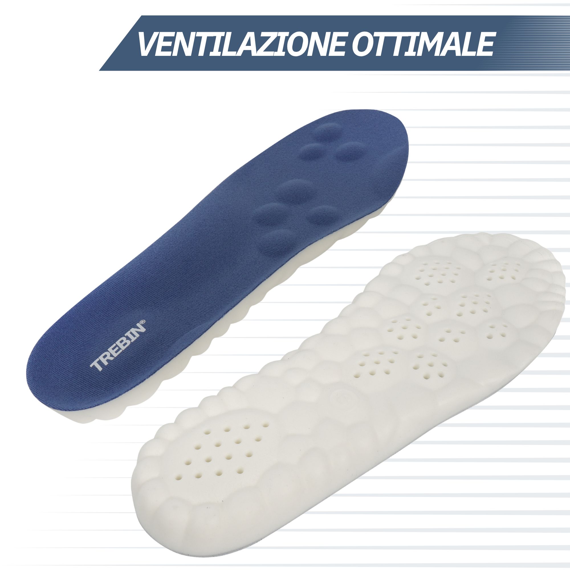 Due solette ortopediche, blu e bianche, con fori di ventilazione.