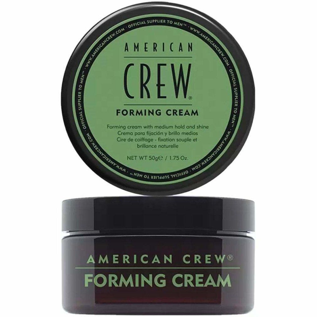 Barattolo marrone scuro con coperchio verde. Scritta: AMERICAN CREW FORMING CREAM. Testo sul coperchio.