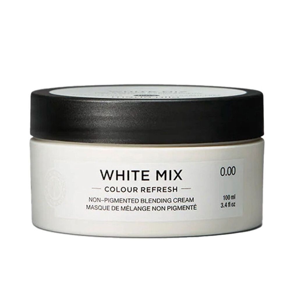 Vasetto bianco con coperchio nero. Scritta: WHITE MIX COLOUR REFRESH. Crema miscelazione non pigmentata. 100 ml.