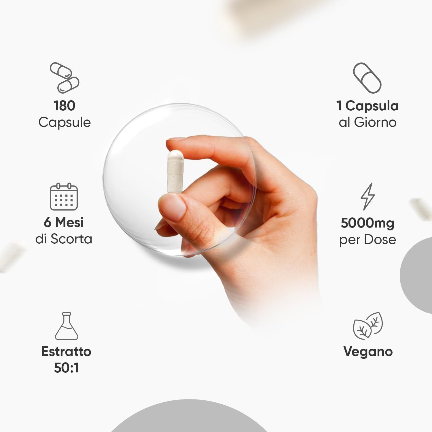 Mano che tiene una capsula. Testo: 180 capsule, 6 mesi di scorta, 1 capsula al giorno, 5000mg per dose.