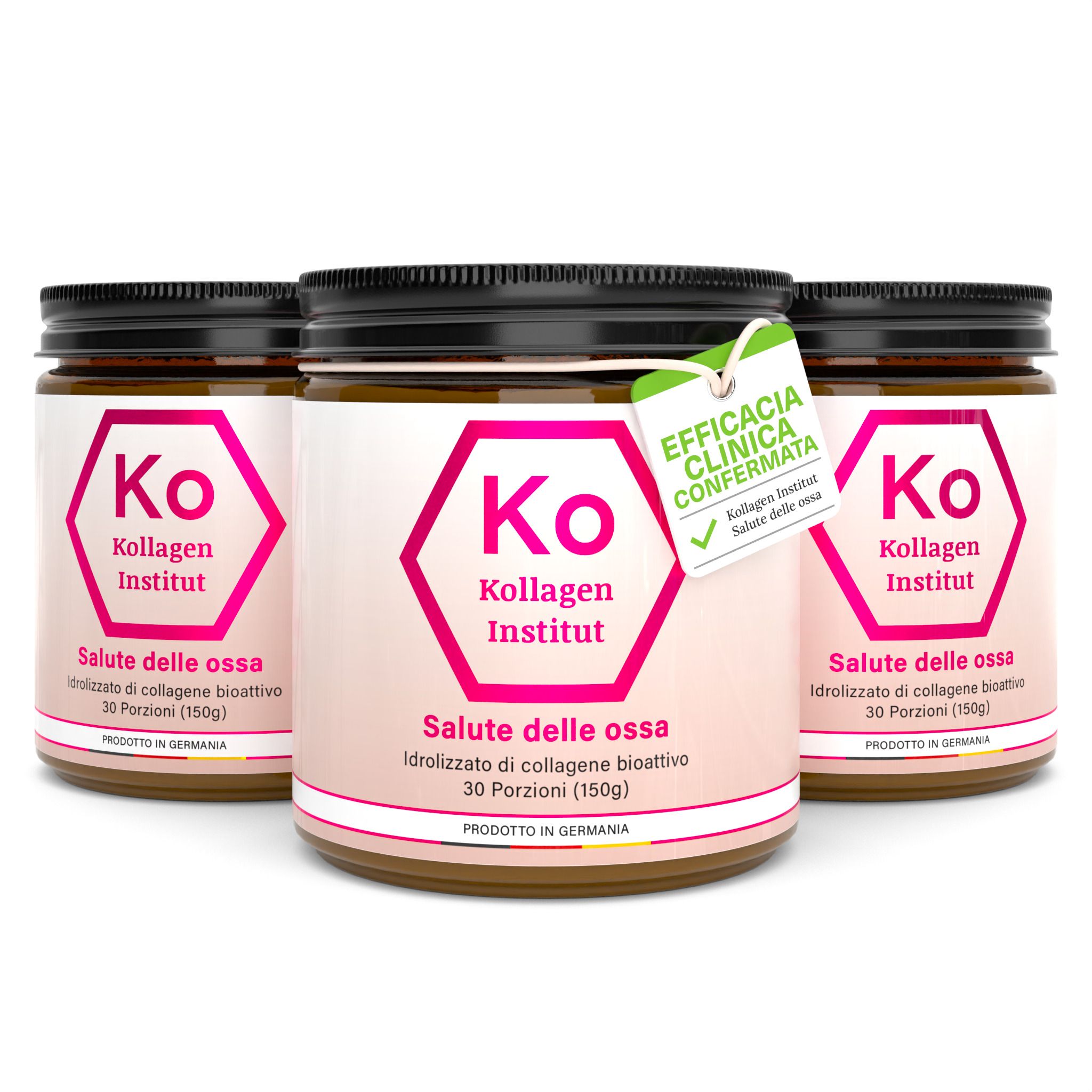 Tre barattoli di Kollagen Institut, etichetta rosa, coperchio nero. Scritta: Salute delle ossa. Etichetta: Efficaia clinica confermata.