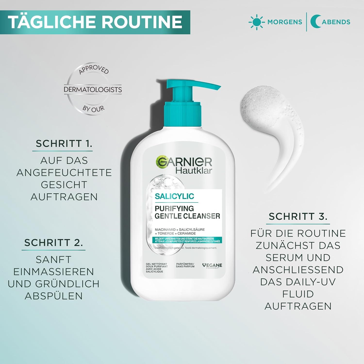Flacone bianco con erogatore blu. Testo: Garnier Hautklar Salicylic Purifying Gentle Cleanser. Schiuma. Fasi di applicazione.