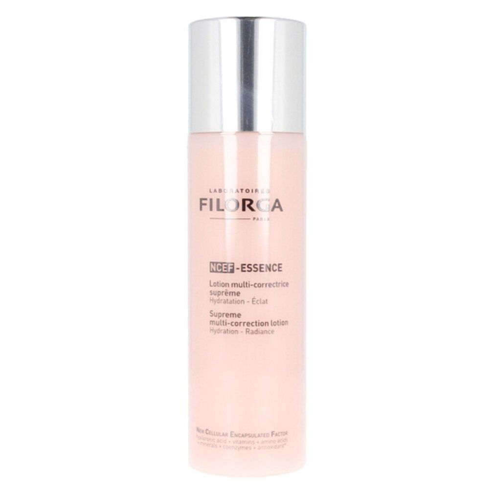 Flacone rosa con tappo argentato. Scritta: Filorga NCEF-Essence. Supreme Multi-Correction Lotion.