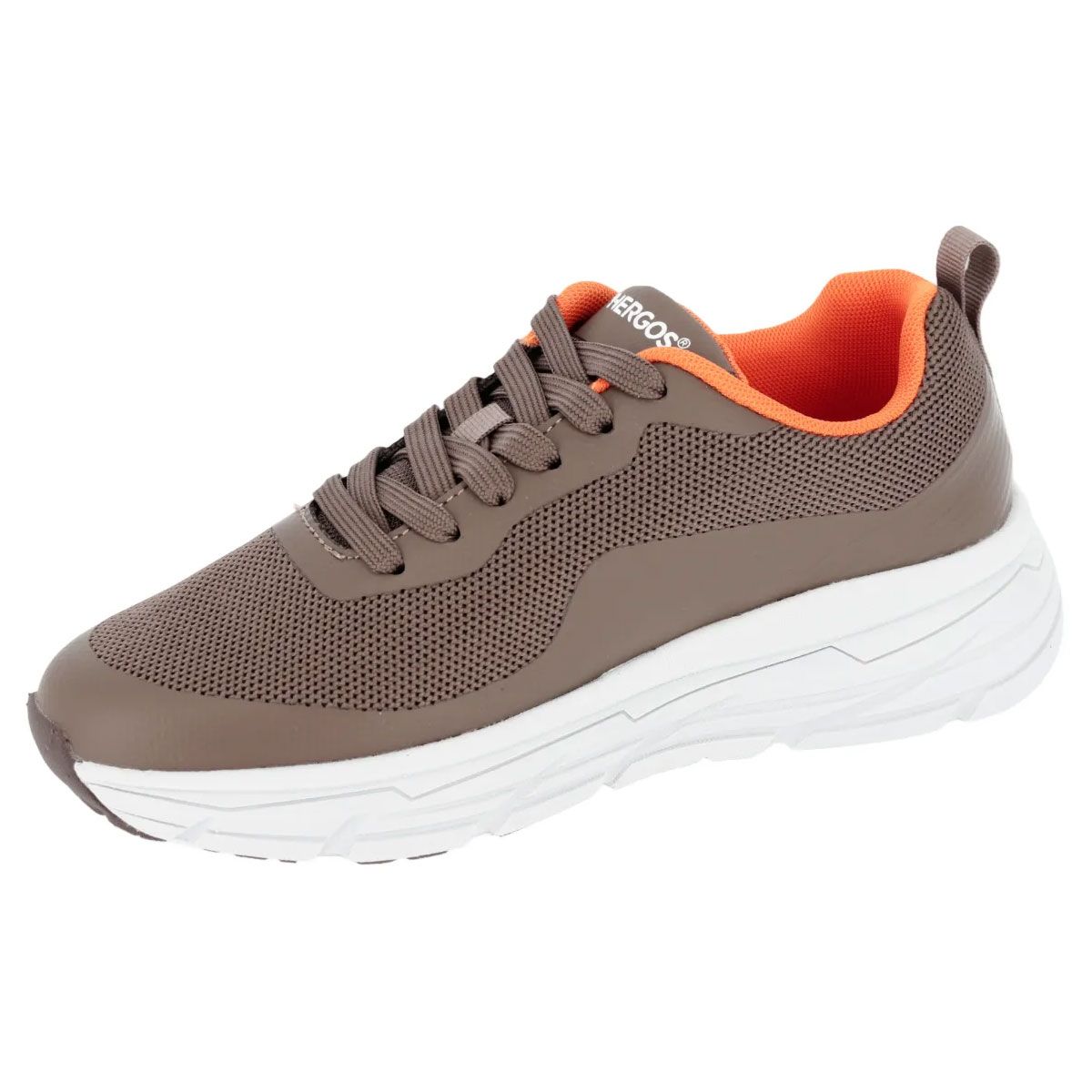 Scarpa da ginnastica Hergos marrone con suola bianca e interno arancione. Lacci e tomaia in mesh.