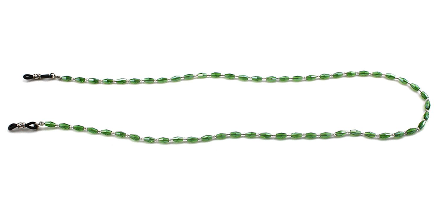 Catenina per occhiali verde con perline ovali e collegamenti argentati. Supporti neri per occhiali alle due estremità.