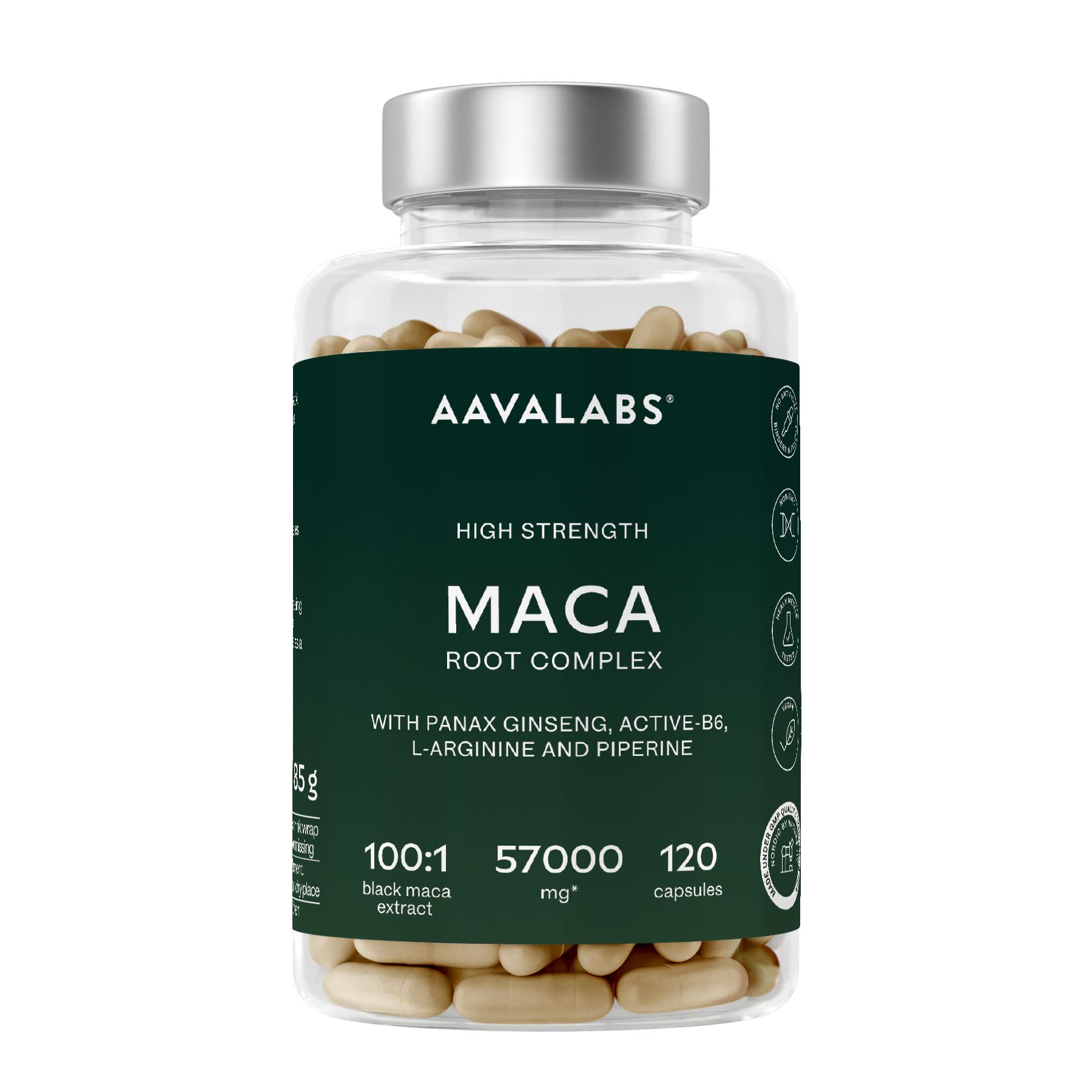 Flacone trasparente di capsule. Etichetta verde con testo: MACA, 120 capsule, 100:1, 57000 mg. AAVALABS.