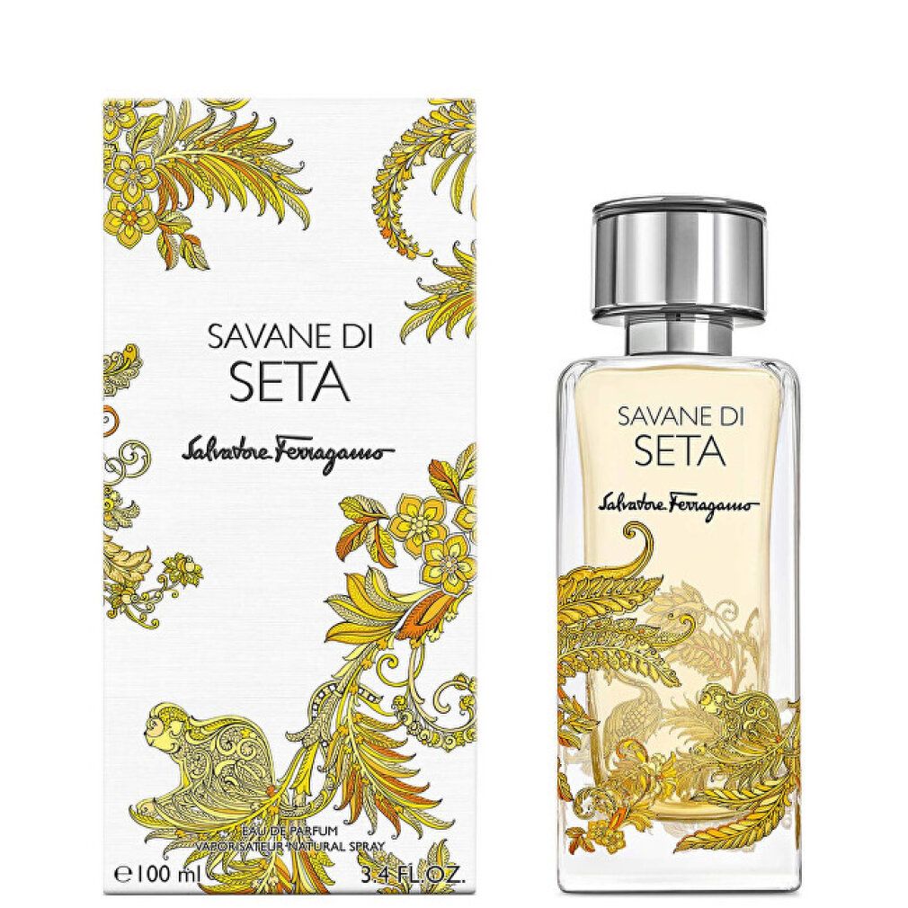 Flacone e confezione di profumo. Scritta: Savane Di Seta, Salvatore Ferragamo. Ornamenti dorati. 100 ml.