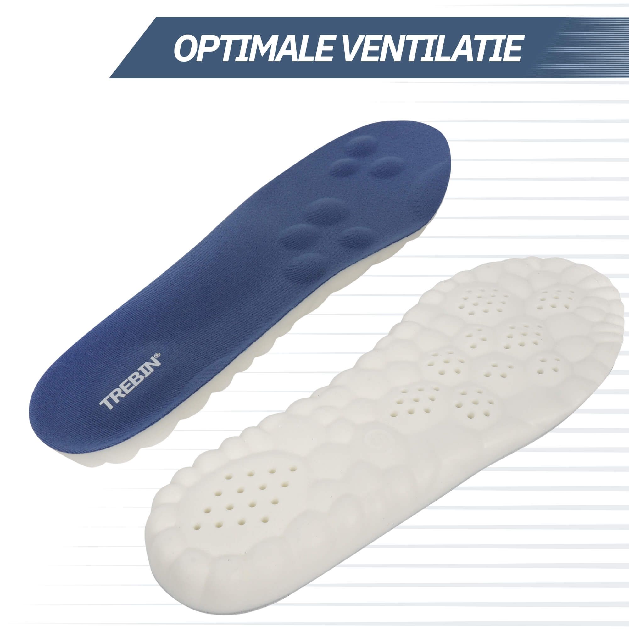 Soletta blu e bianca con fori di ventilazione e nome del marchio TREBIN.