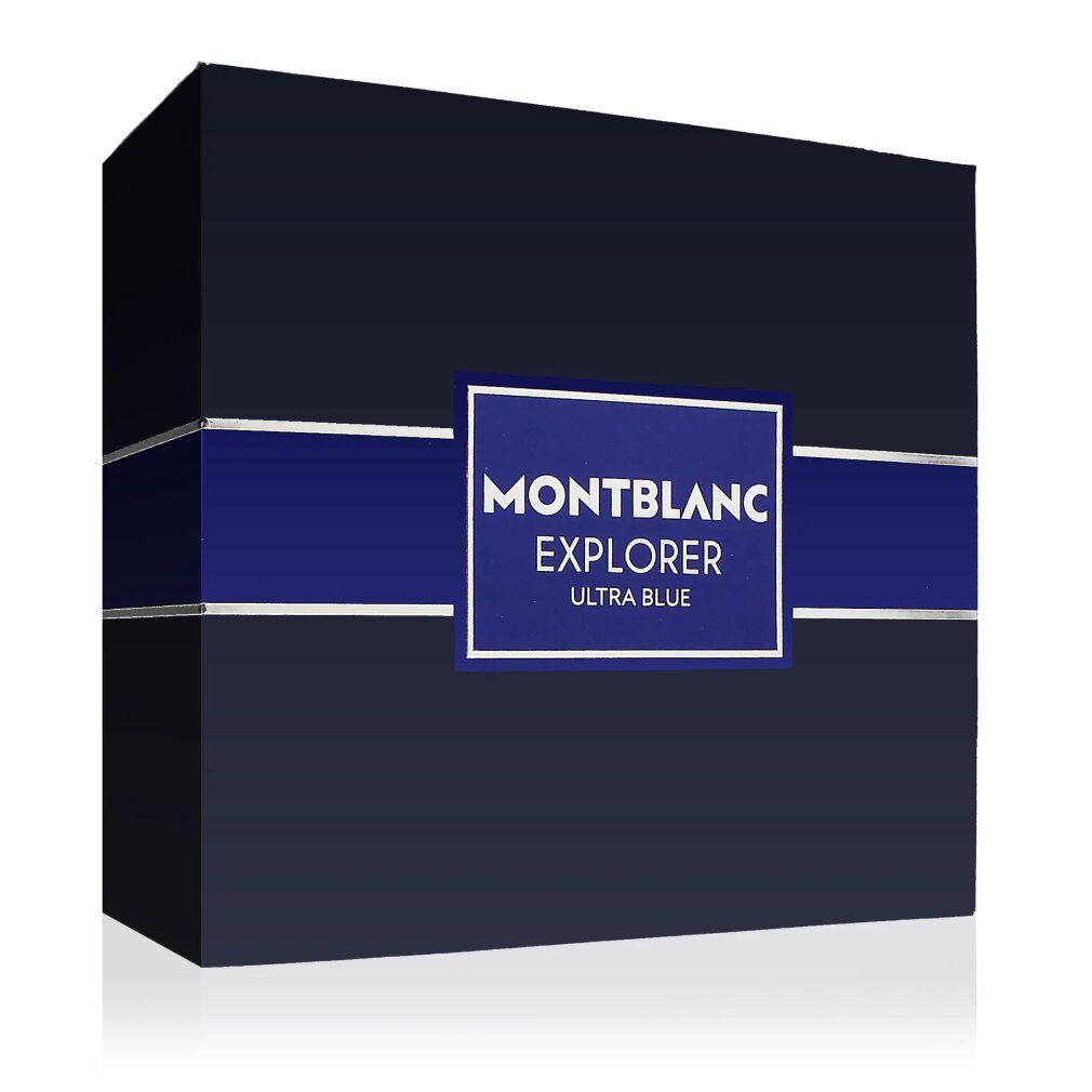 Scatola regalo blu con fascia argentata. Testo: Montblanc Explorer Ultra Blue.
